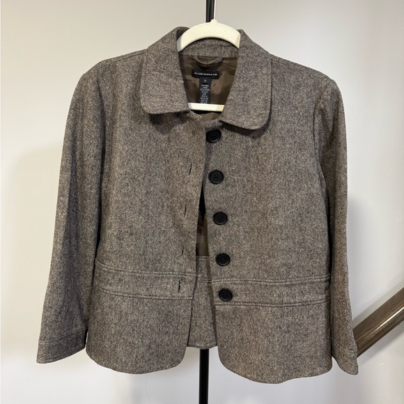 Club Monaco Taupe Wool Blend Tweed Cropped Blazer - Picture 3 of 8